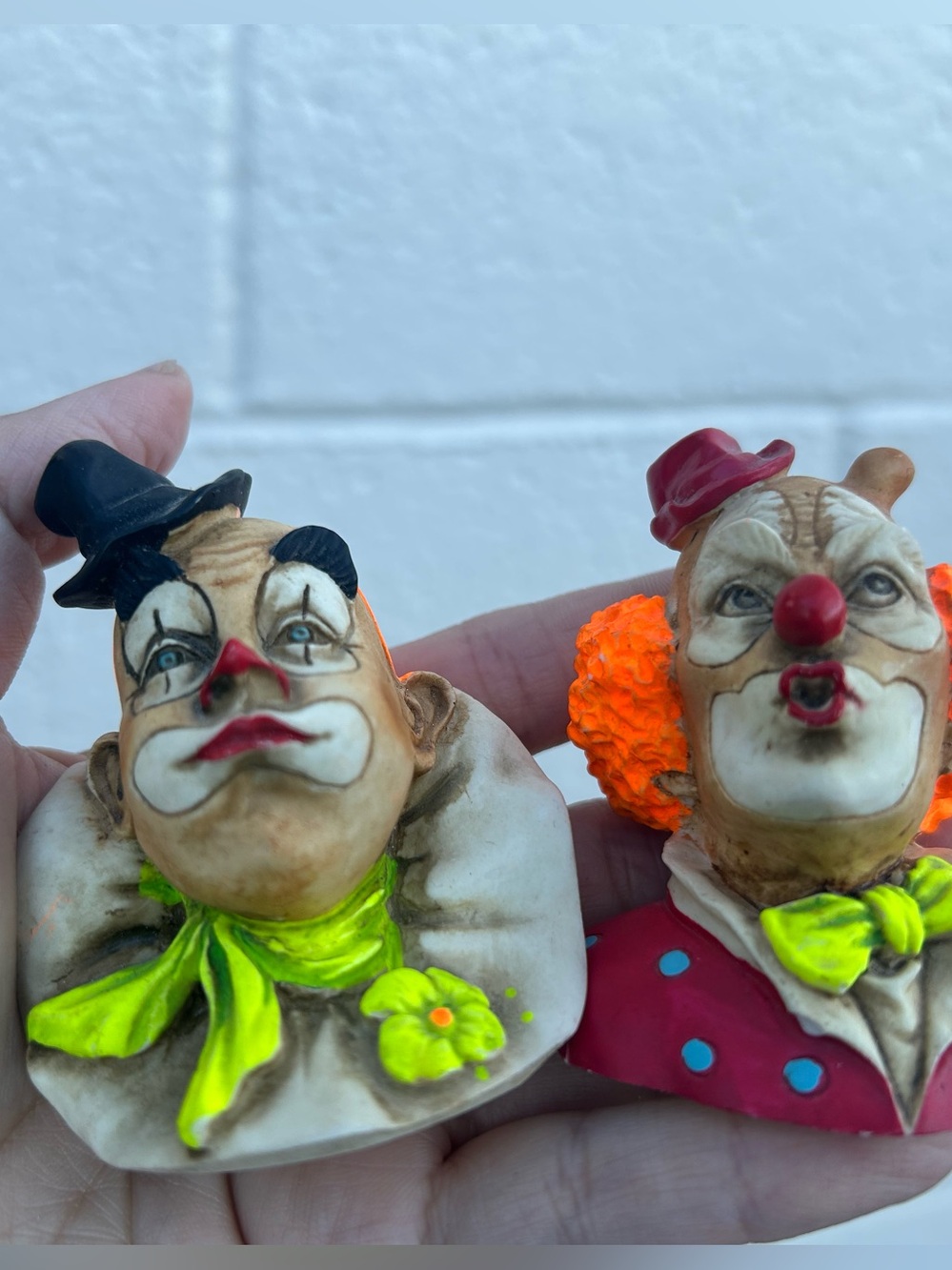 Vintage set small Hand-Painted Clown Pair - Neon Accents